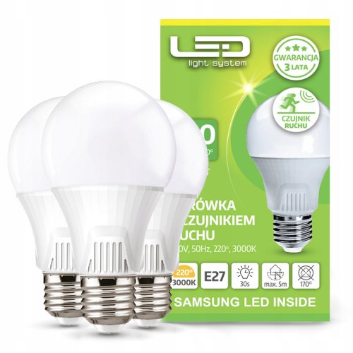 3x LED -es izzó 9W Alkonyatmozgás -érzékelő