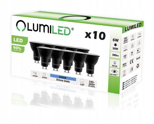 10x LED izzó GU10 6W 6500K 120 ° Fekete Lumiled