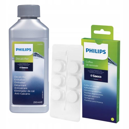  Folyékony vízkőoldó Philips Saeco Decalcifier 0,25 l-es eszpresszógépekhez + zsíroldó tabletták a Philips főzőcsoporthoz 6 db.