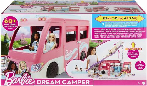  Mattel Barbie Dream pótkocsi óriási csúszdával, 76 cm hosszú csúszdával, 60 játékelemmel, Dream Camper HCD46