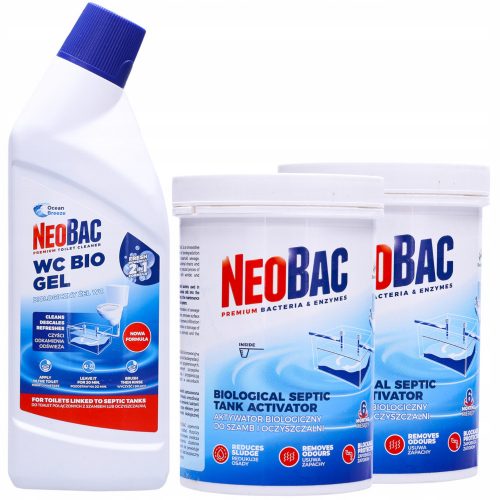  2× NeoBac por szeptikus tartály készítmény 0,6 l 0,6 kg + NeoBac WC tisztító gél 750 ml