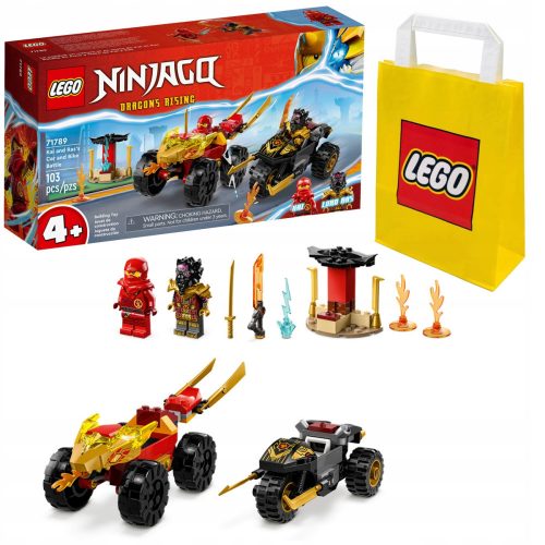  LEGO Ninjago Kai és Ras autó-bicikli párbajban 71789 + LEGO papírzacskó 6315786 sárga 24x8x18 cm