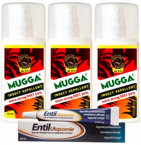  3× Mugga Deet szúnyog- és kullancs spray 50% 75 ml + Entil gél csípésre Entil csípés 8 ml 8 g