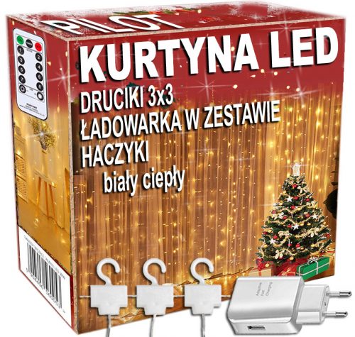 Karácsonyi fények - Világos függöny 300 LED vezetékek 3x3 fehér meleg