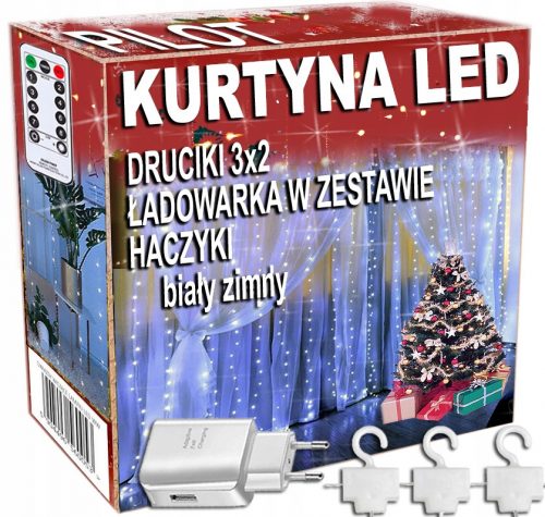 Karácsonyi fények - Világos függöny 200 LED vezetékek 3x2 fehér hideg