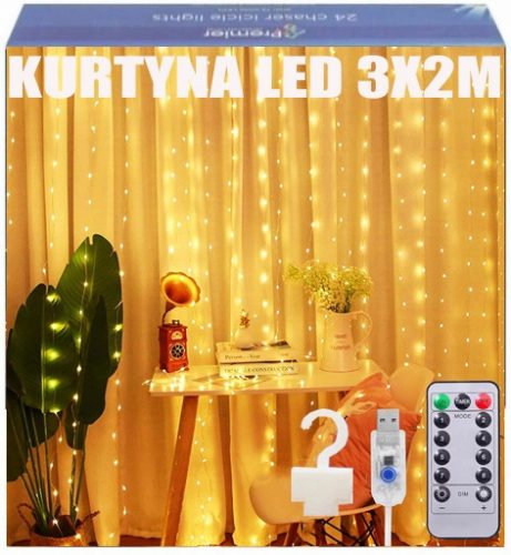 Karácsonyi fények - Világos függönyfüggöny LED 3x2m 200 LED USB