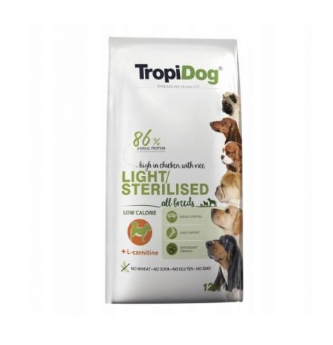 Száraz kutyaeledel - TropiDog Premium Light&Sterilized 12 kg túlsúly