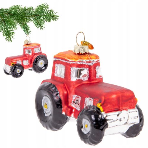 Karácsonyi díszek - Üveg Piros Traktor karácsonyfa medál 9 cm