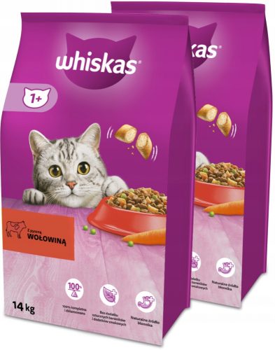 Granulátum macskáknak - Whiskas száraz étel egy macska számára, 2x14 kg -os marhahússal