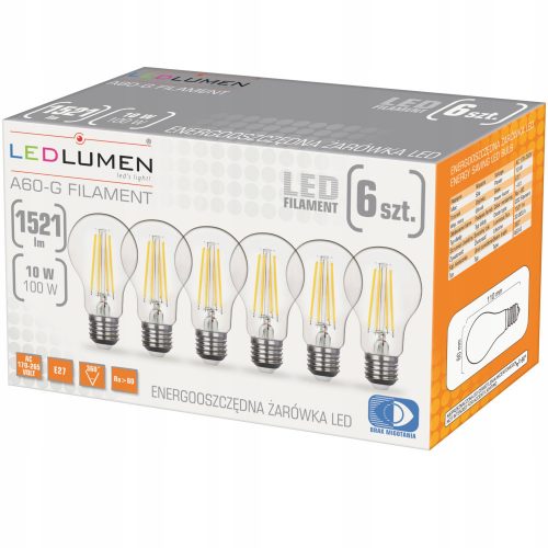 SET 6X LED izzó E27 10W = 100W Izítószál 1521LM Dekoratív villogás hiánya