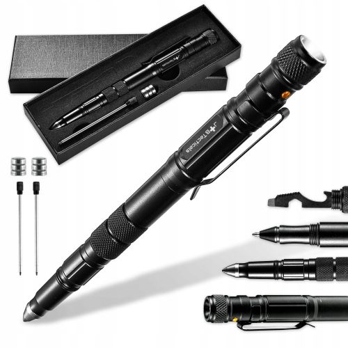 Taktikai toll - JB Tacticals Fekete Tactical Pen egy zseblámpával Kubotan 8in1 ajándékkészlet