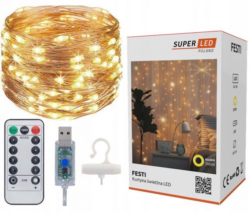 Karácsonyi fények - Világos függöny 300 LED GARLAND lámpák 3x3 M USB Superled + Pilot vezetékek