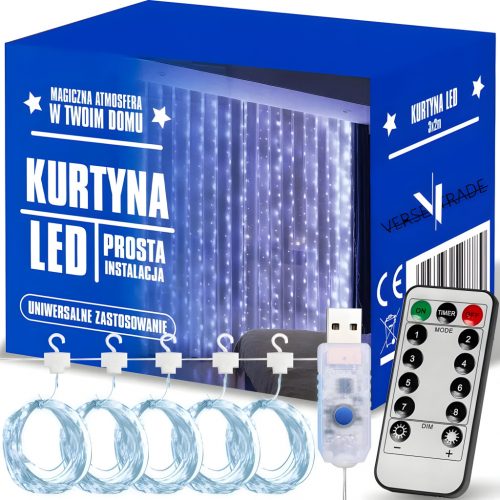  FÉNYFÜGGÖNY 200 LED-ES HIDEG 3x2m USB KARÁCSONYFA KOSZÁNY TÁVIRÁNYÍTÓ