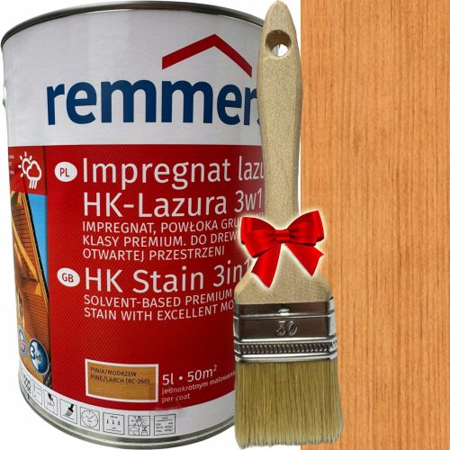 Remmers HK-Lazura 3 az 1-ben üvegezőszer Fenyő/Vörösfenyő 5 l + Egyenes lapos kefe 5904122341216 5 cm