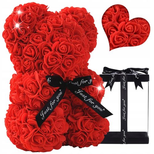 Virág dekoráció - Mackó rózsákkal Valentin-napi nőnap 25cm + RÓZSÁVAL TÖRTÉNŐ MACSE DEKORATÍV TEDDY BOX