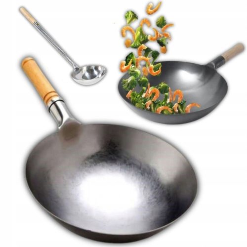 Wok Serpenyő - Emro Aziatica 6088098 wok ezüst 40 cm + Pronett XJ3513 merőkanál ezüst 52 cm