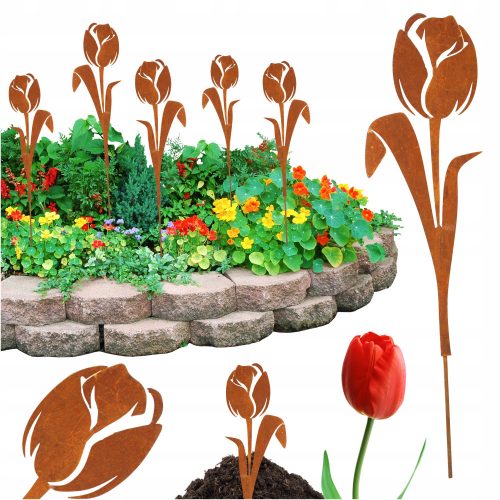  Acél tulipán virágcsokor, díszfüvek, Corten effektus 25 cm x 70 cm