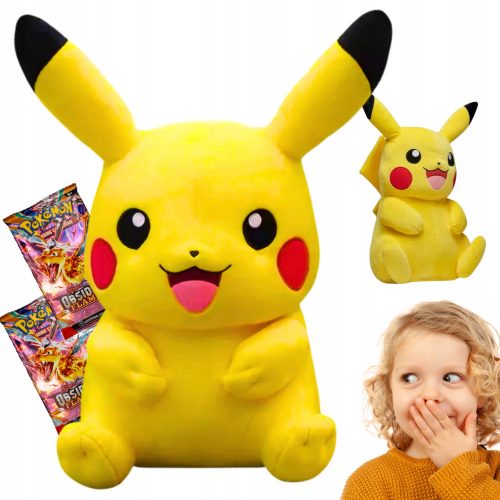  PIKACHU MASCOT Pikachu Pokemon LARGE XL 40 cm + Pokemon kártyák OBSIDIAN FLAMES 1 zacskó 10 kártya