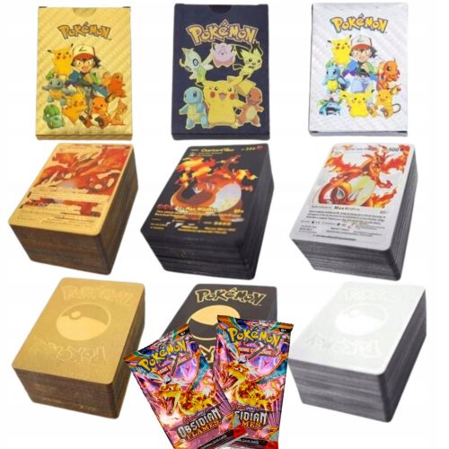  POKEMON kártyák 3 az 1-ben 165 darabos arany fekete ezüst készlet + 3× OBSIDIAN FLAMES Pokemon kártyák 1 zacskó 10 kártyával