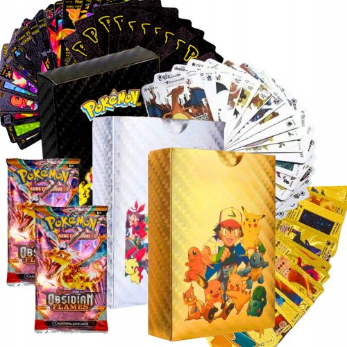  POKEMON KÁRTYA KÉSZLET 3 PAKLI ARANY EZÜST FEKETE 165 CAT 3IN1 + 2× Pokemon kártyák OBSZIDIÁN LÁNGOK 1 tasak 10 kártya