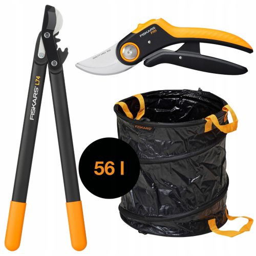  FISKARS P721 ollós metsző + L74 kézi metsző + 56 literes kerti kosár