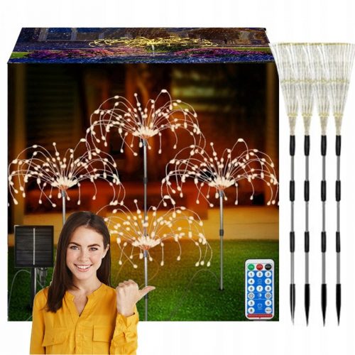  4x GARDEN SOLAR LED FA LÁMPA Dandelion FIREWORKS 480LED TÁVIRÁNYÍTÓ