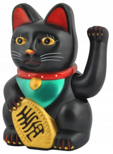  Japán macska Maneki-Neko Boldogság kínai macskája 21 cm FEKETE fekete macska NAGY