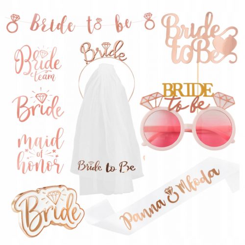  BRIDE TO BE Leánybúcsú szett Gadgets Dekorációk Szárfátyol 8 db