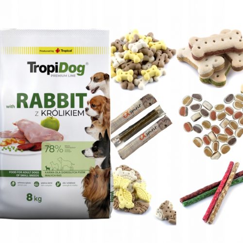  Új TROPIDOG PREMIUM ADULT S Rabbit&RICE kutyaeledel nyúllal 8kg