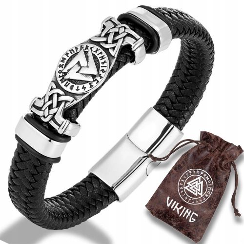  Fonott VIKING karkötő Valknut Leather 316L acél