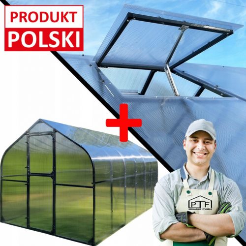  ÜVEGHÁZ POLIKARBONÁT Alagút 10M2 250X400 PTF POLAND ANTRACIT GRAFIT + ABLAK