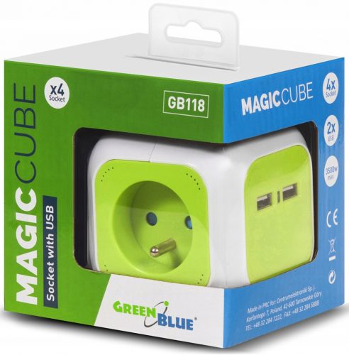 GreenBlue MagicCube GB118 elosztó, 4 aljzat, 1,4 m, zöld