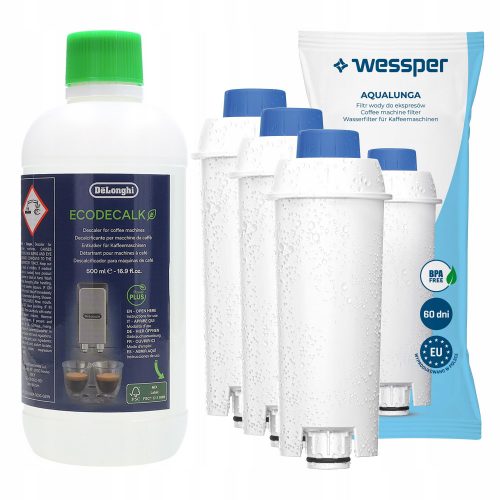  Folyékony vízkőoldó De'Longhi EcoDecalk kávégépekhez 0,5 l + 3× Wessper AquaLunga WES039 szűrőbetét 1 db.