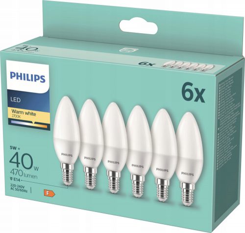 6x E14 izzó Philips LED SMD 5W = 40W hőszín 2700K 470 lumen 200 °